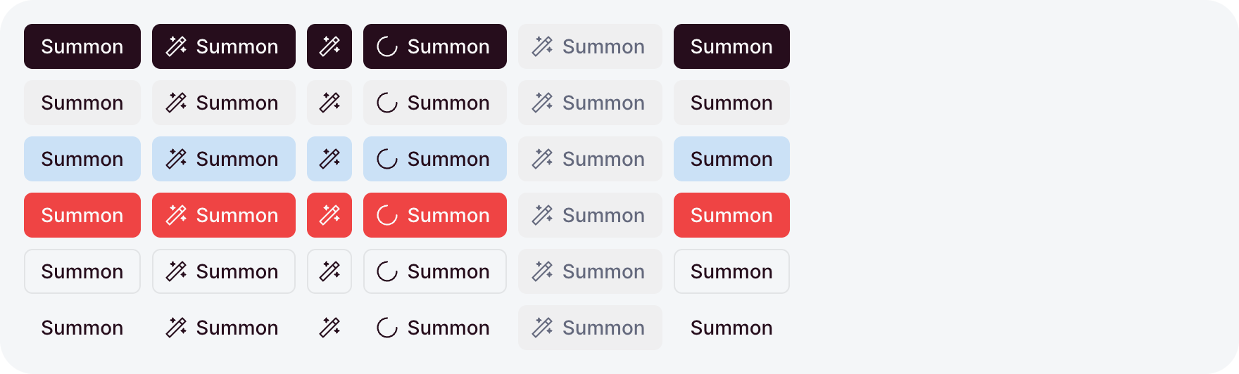 Buttons with a label, with an icon, icon only, loading, disabled, and with a destructive hover