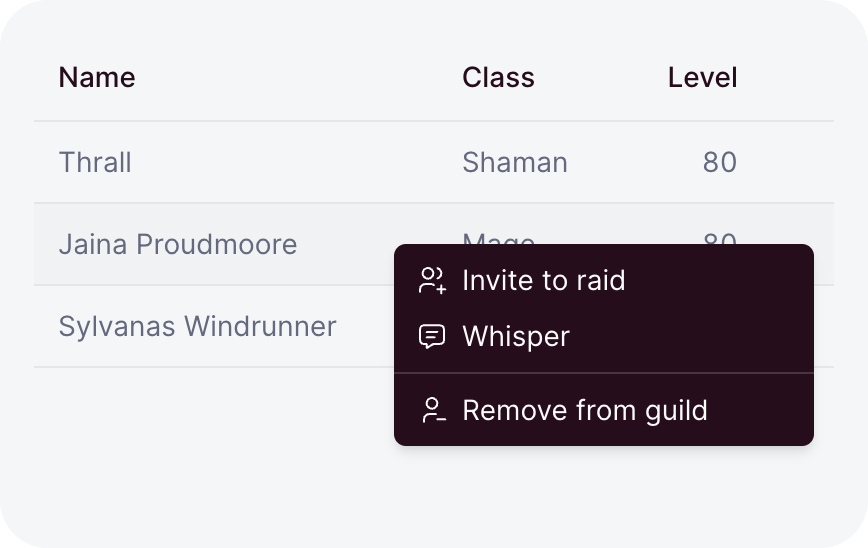 A table with one row's actions menu open: two actions, a divider, then Remove from guild