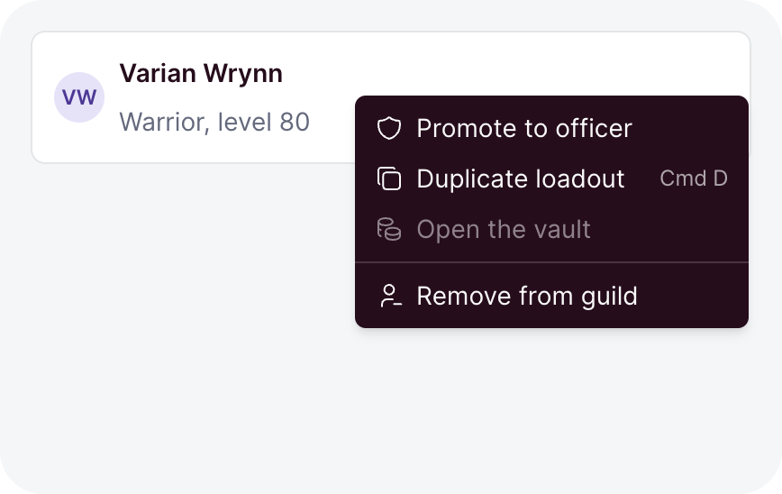 A member card with a context menu open beside it, a hotkey hint at the end of one row