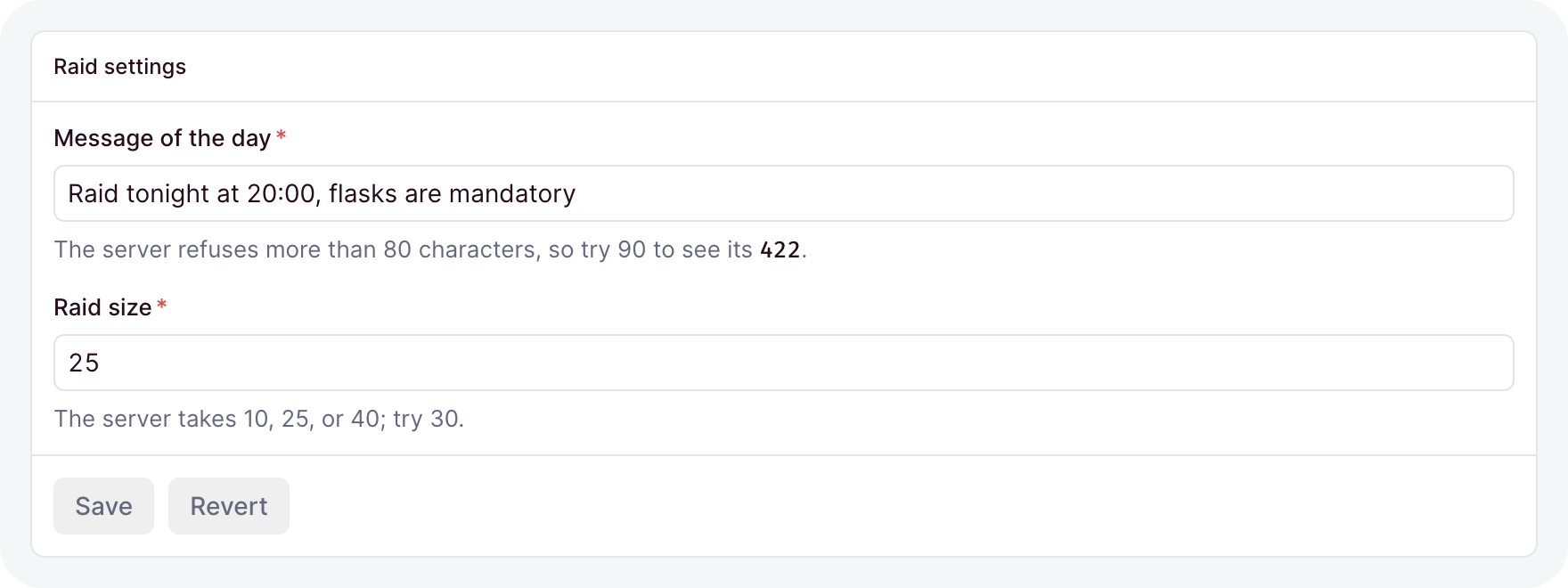 A settings form in a card, with Save and Revert buttons in its footer