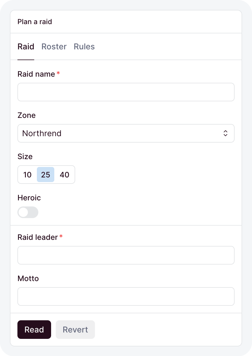 A form laid out in tabs and rows inside a card
