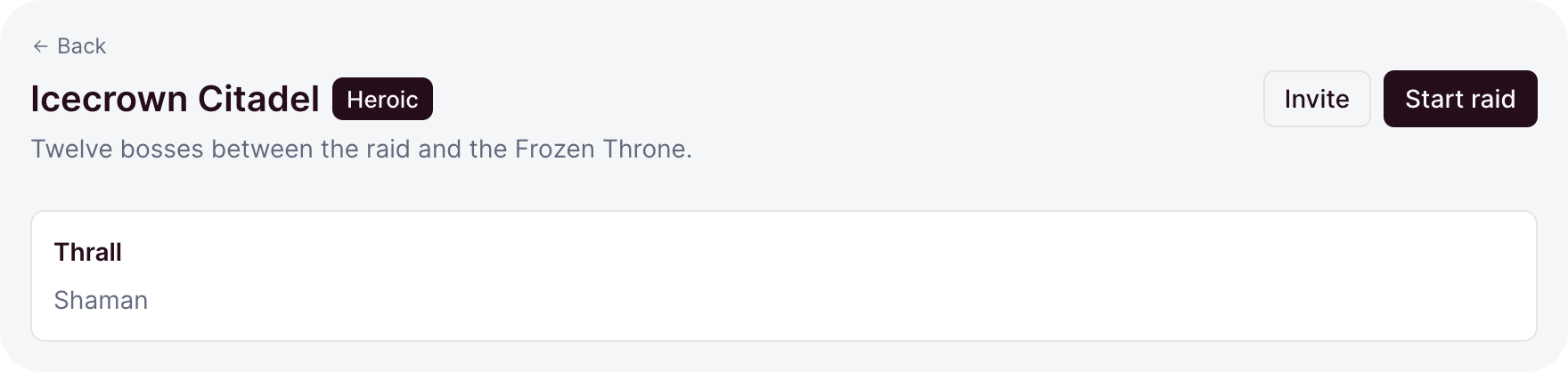 A page header with a back link, a title and badge, a description, and two buttons