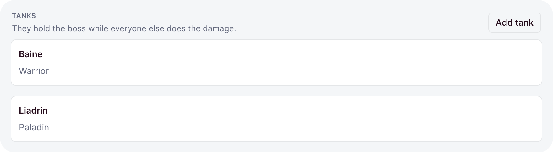 A section with an uppercase title, a description, an action button, and two cards