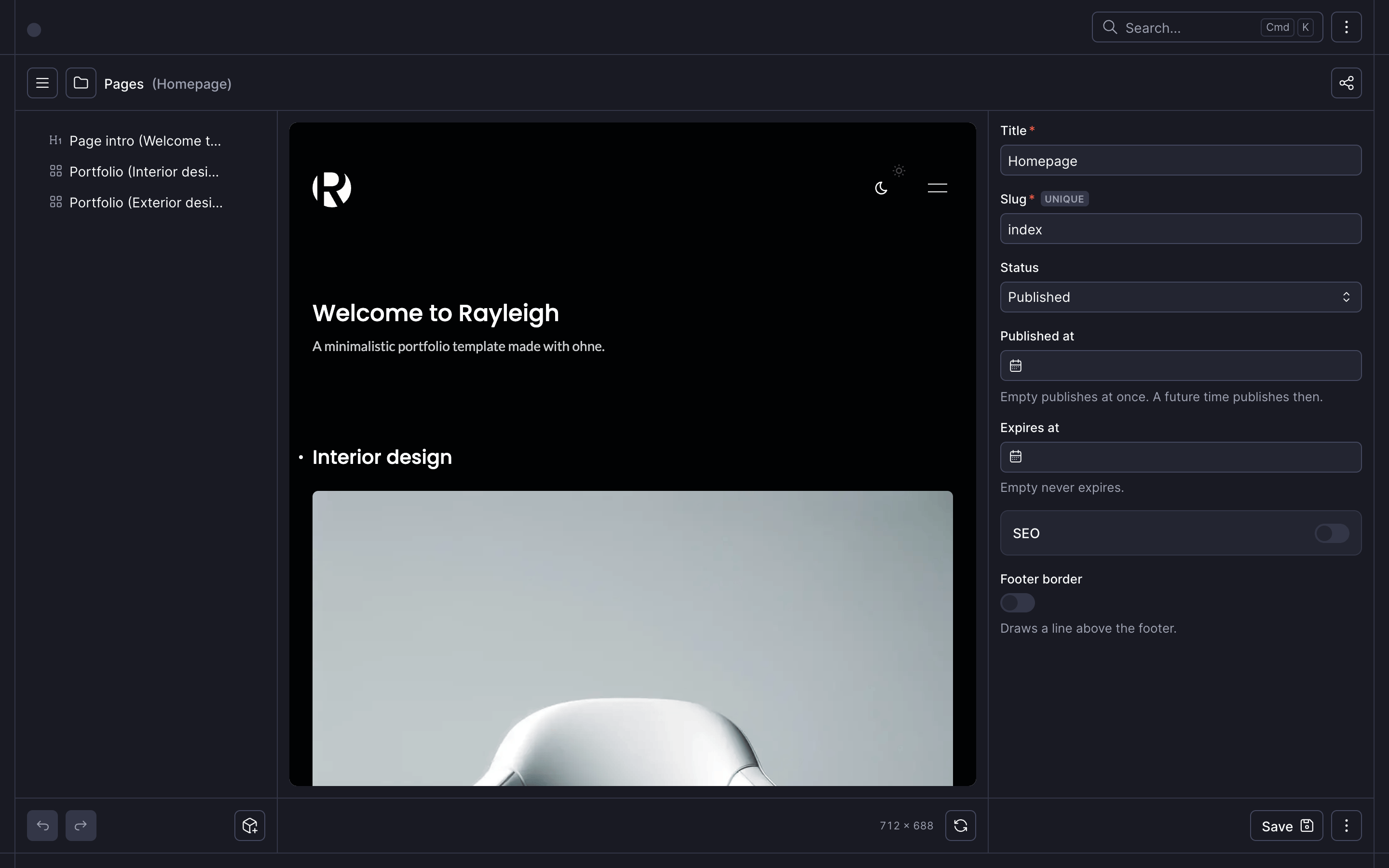 The dashboard's live editor beside the home page