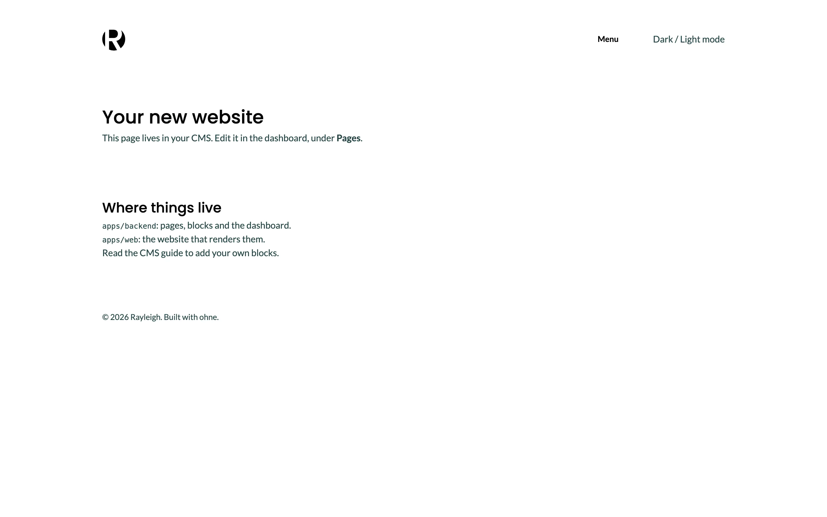 The starter's home page set in Rayleigh's fonts, with the logo above it and the copyright line below