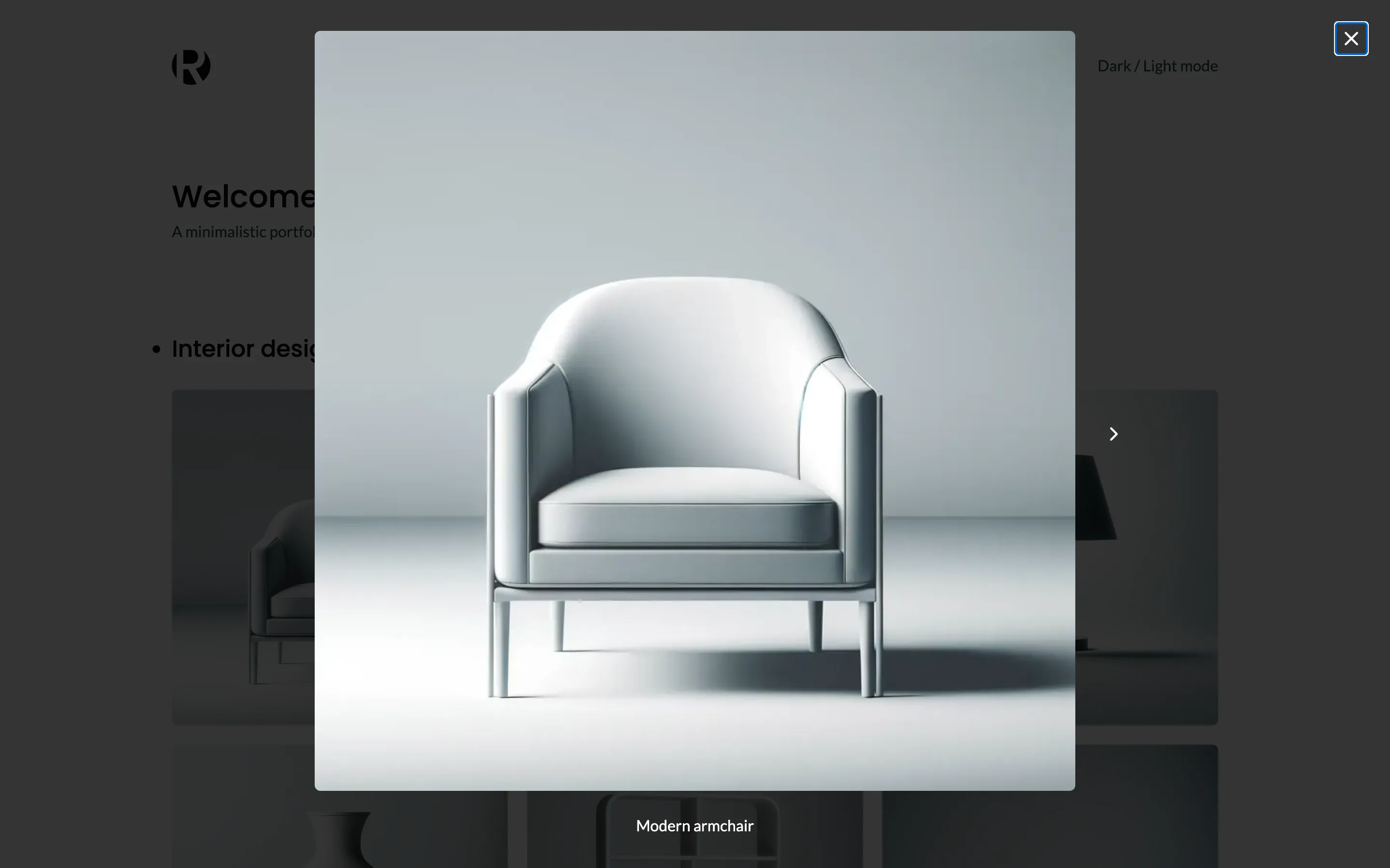 The slider open full screen on a photo of a modern armchair, its caption below it