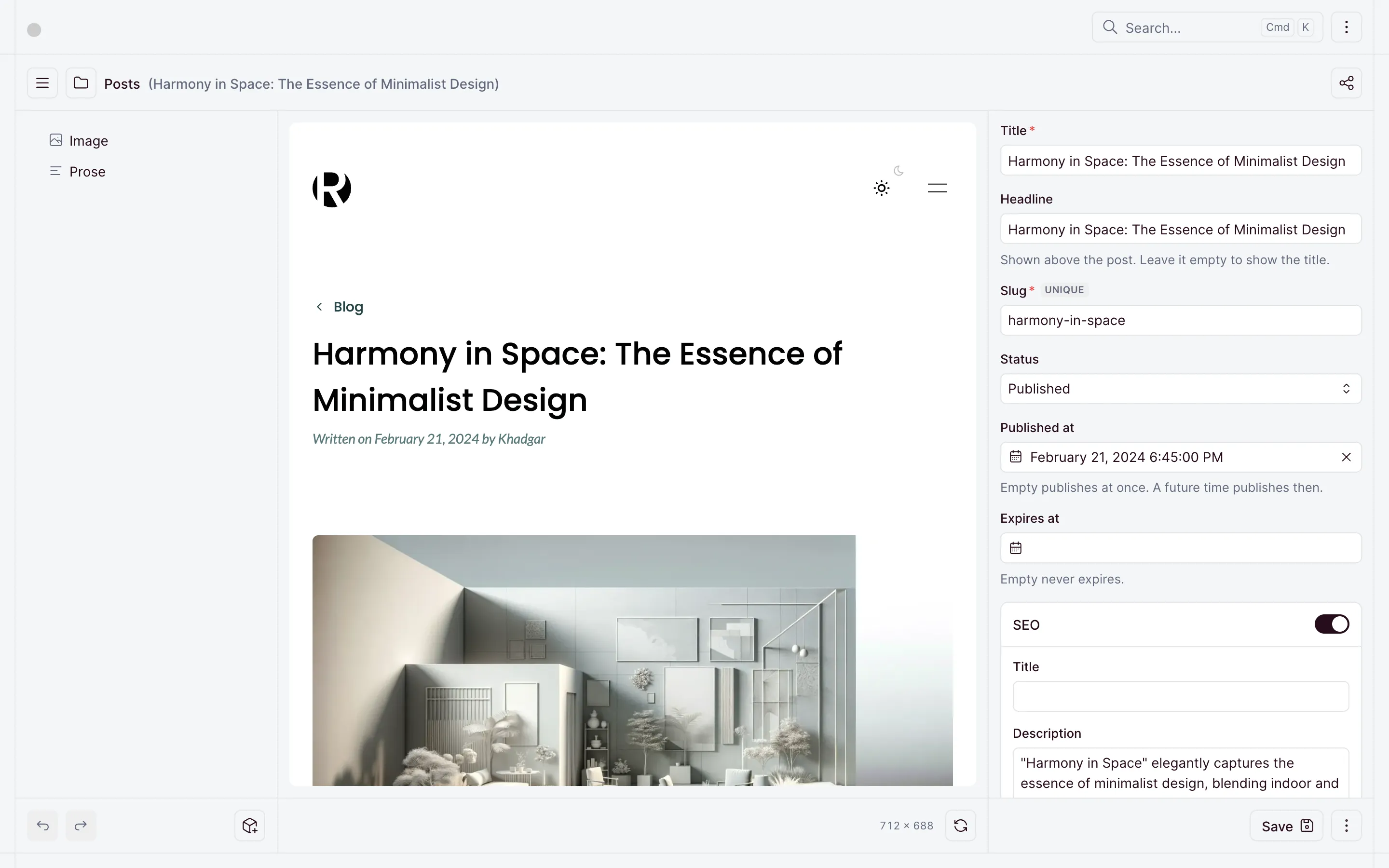 The dashboard editing a post, with the post page beside the form