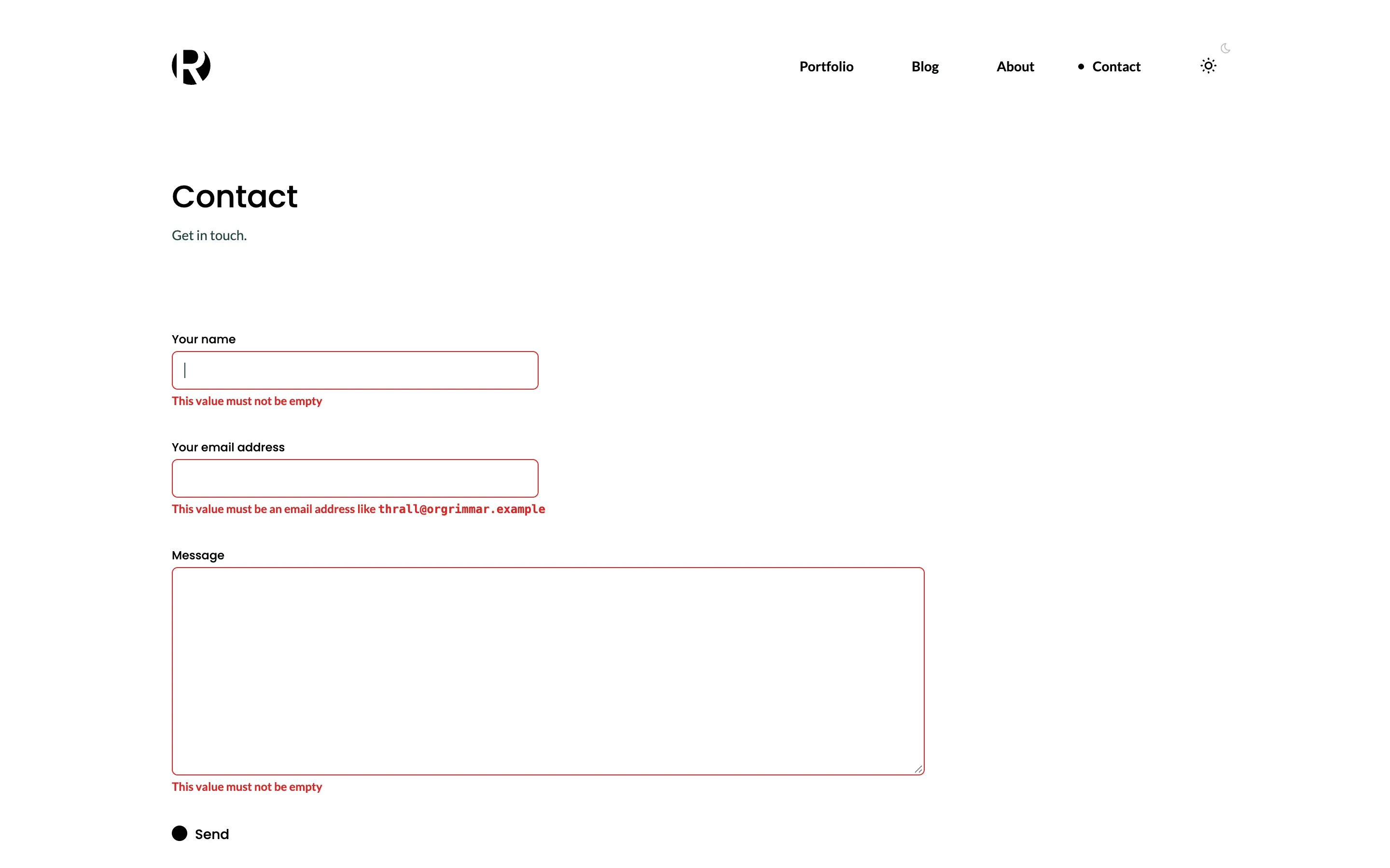 The contact form with a red message from the CMS under each of its fields
