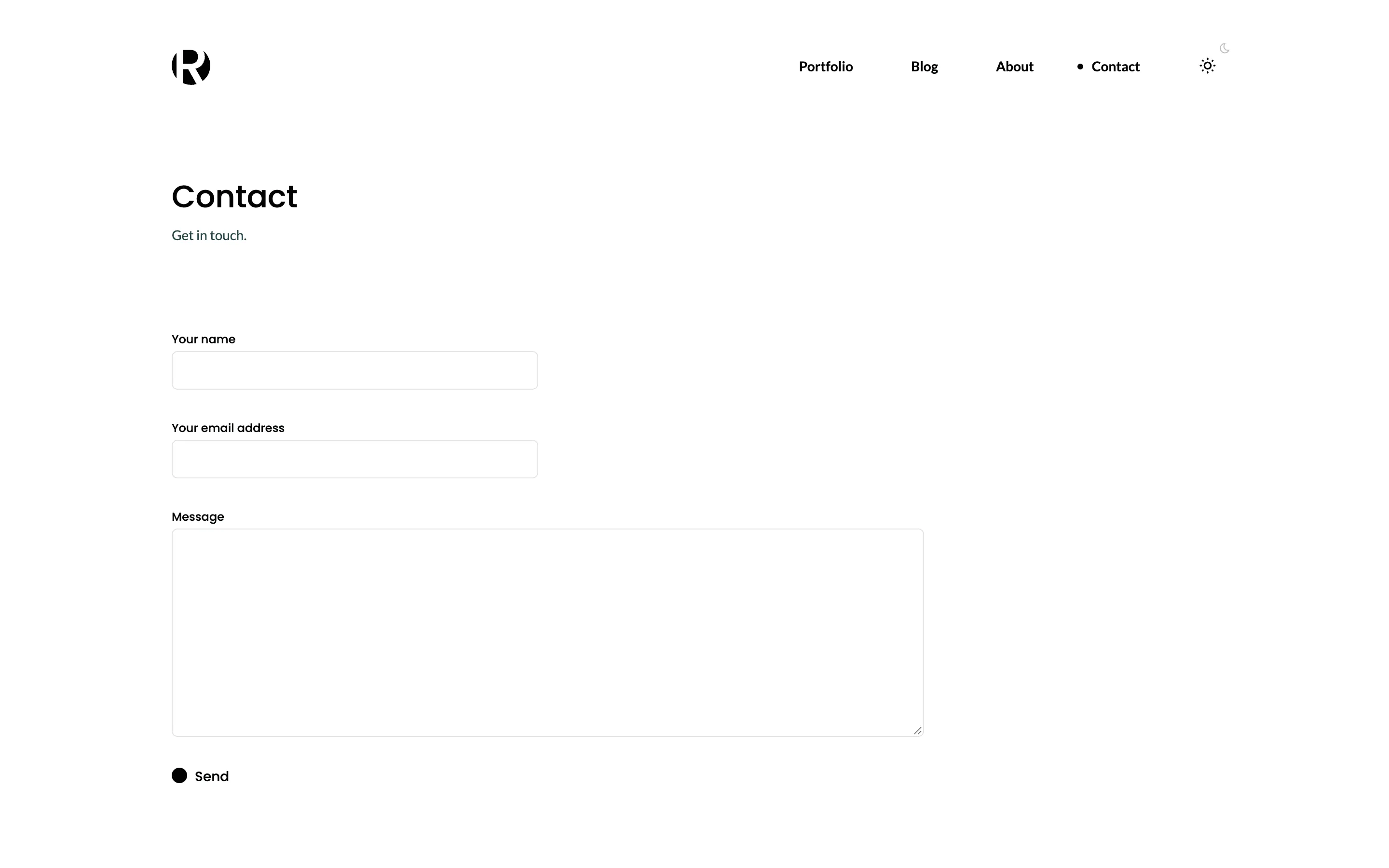 The Contact page with fields for a name, an email address and a message, and a Send button