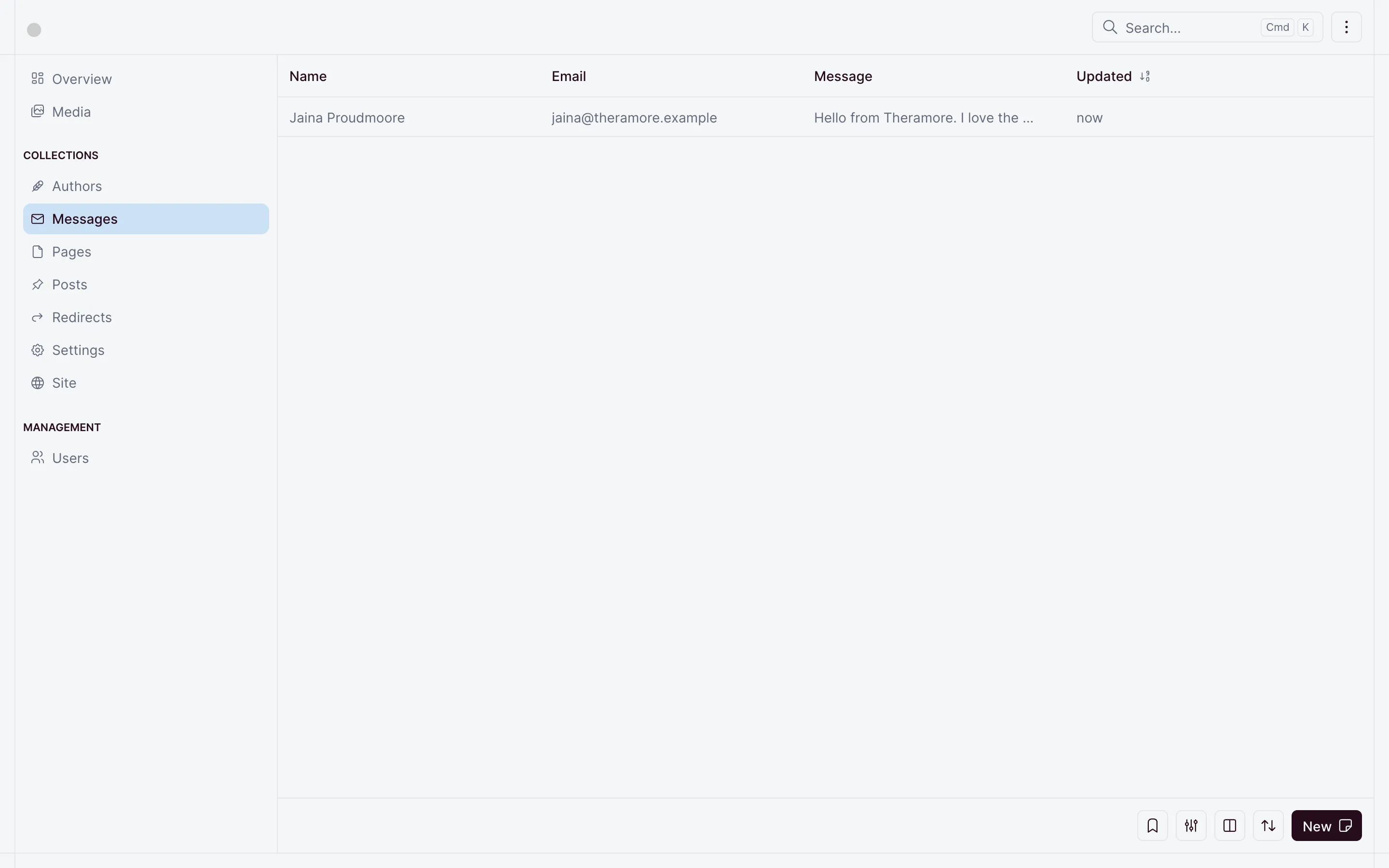 The Messages collection in the dashboard, listing a message from Jaina Proudmoore