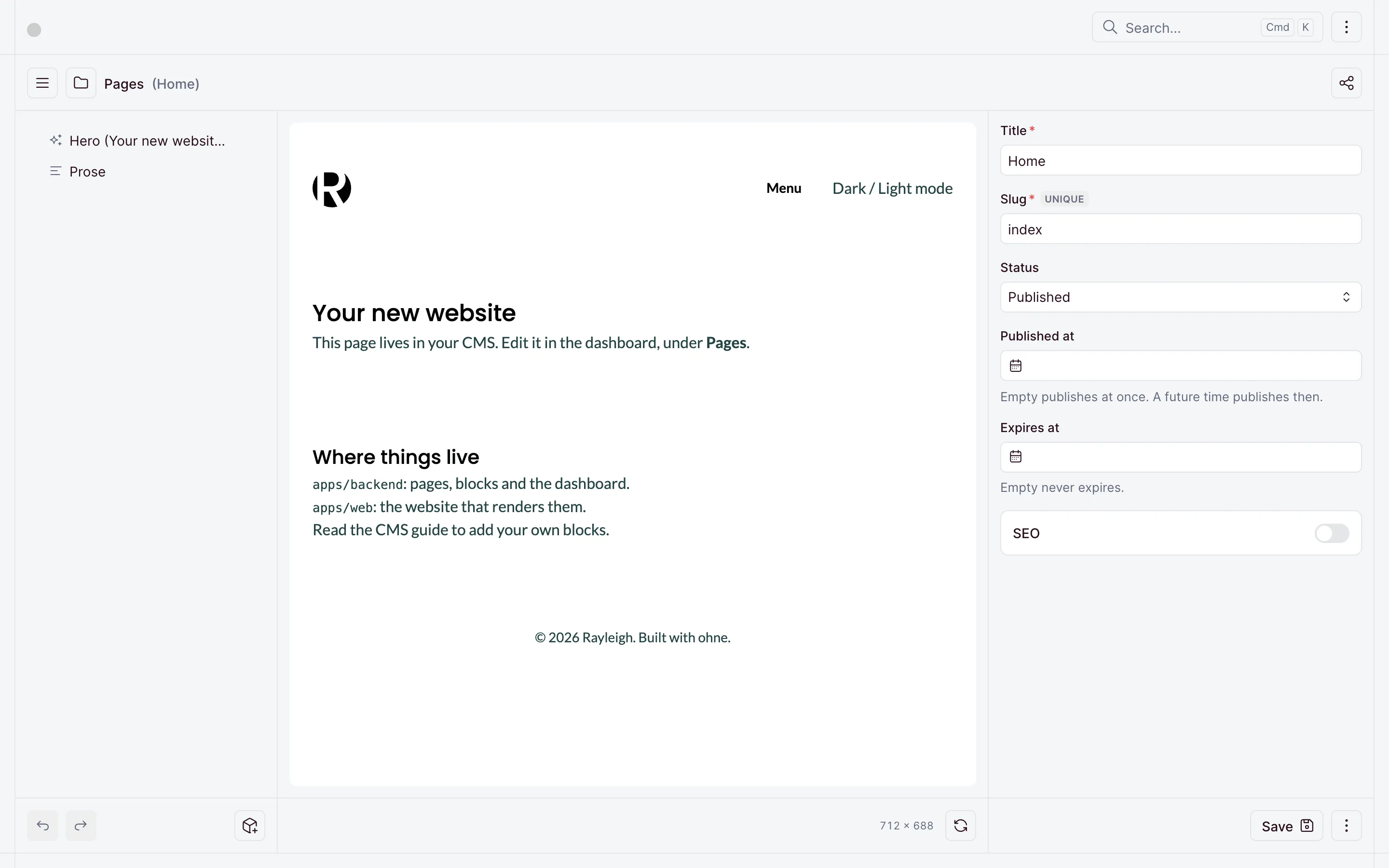 The dashboard editing the Home page, with the website's live preview beside the form