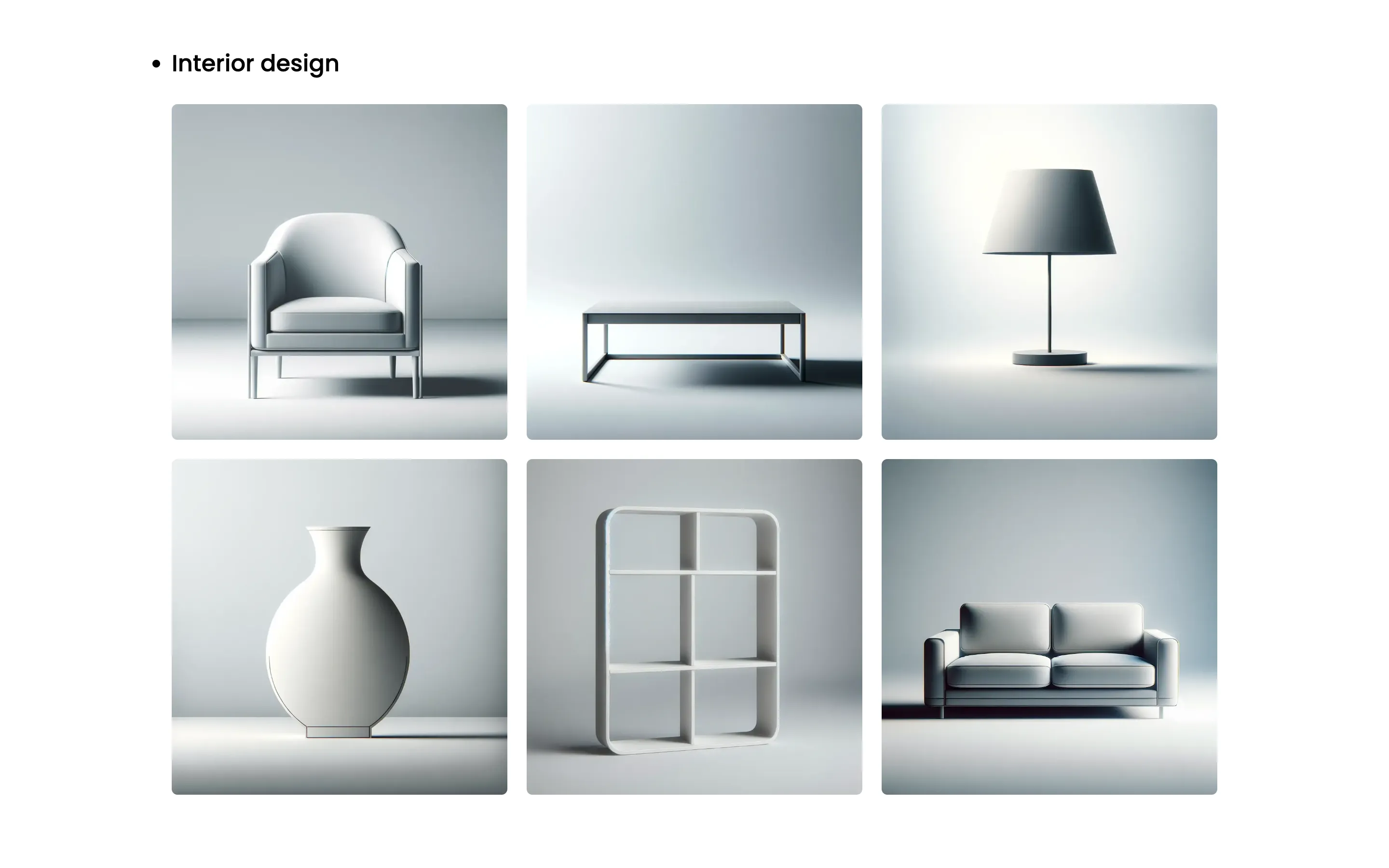 The Rayleigh home page with its interior design gallery: an armchair, a table, a lamp, a vase, a bookshelf and a sofa
