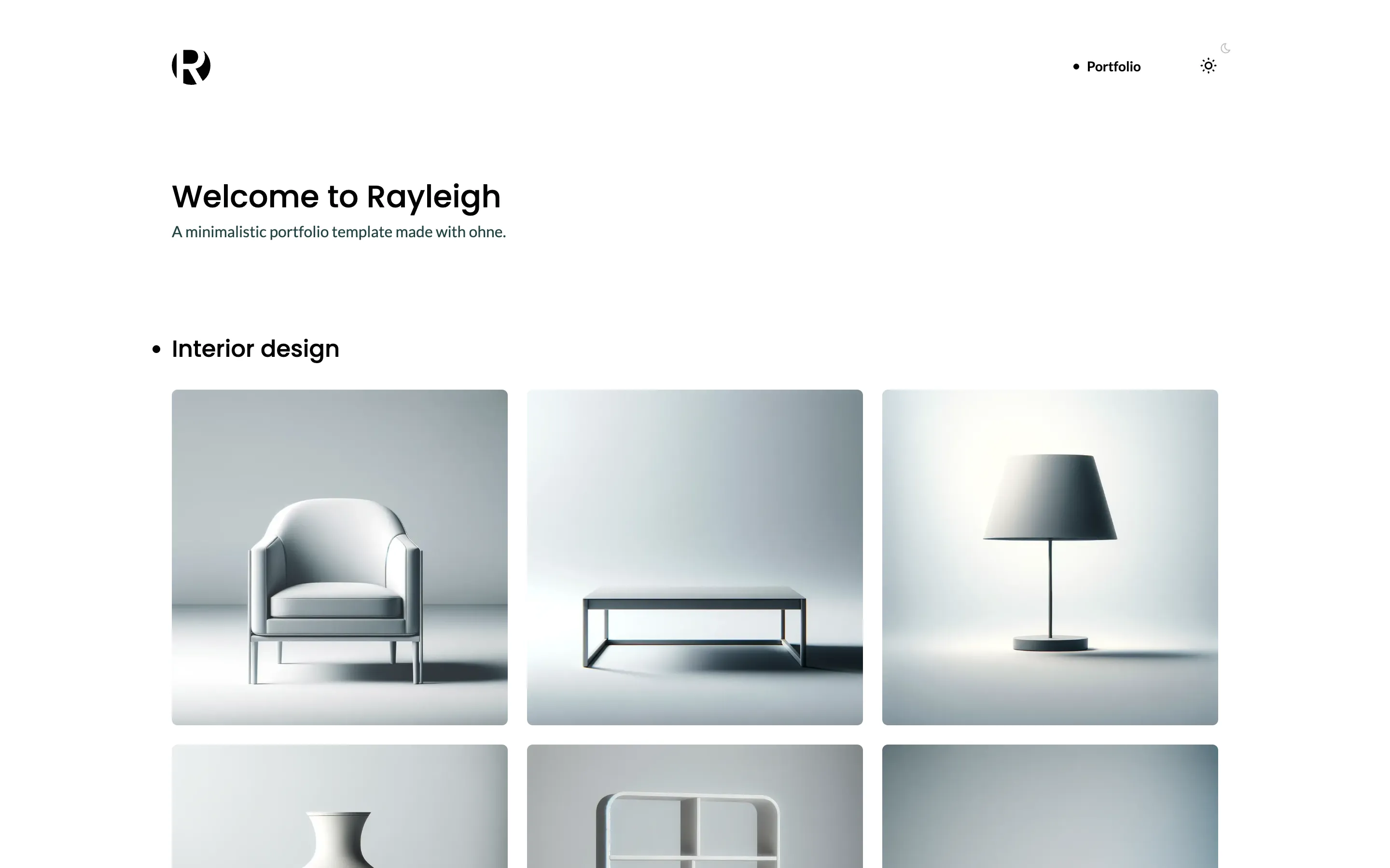 The Rayleigh home page with the logo, the Portfolio menu item, the theme switch and the galleries