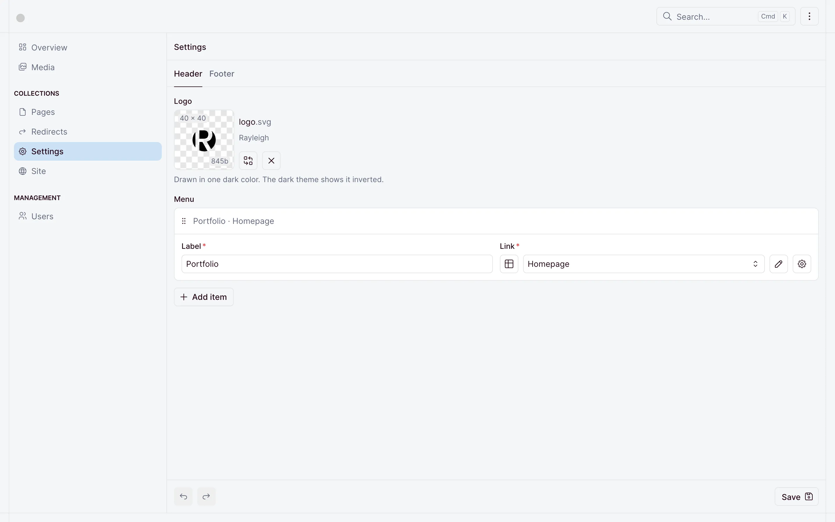 The Settings record in the dashboard, with the logo upload and the Portfolio menu item on its Header tab