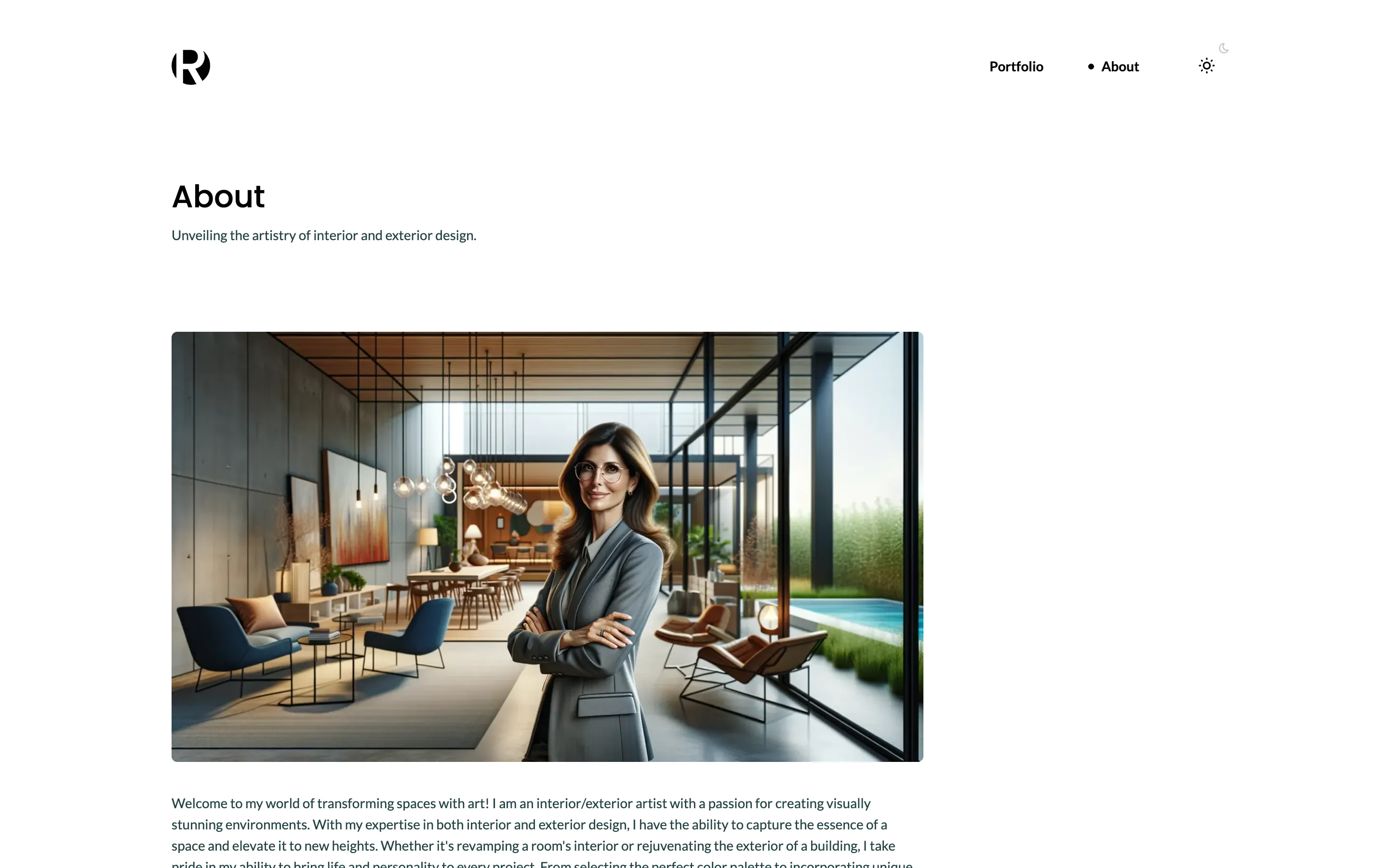 The About page with its title, a short line below it and a wide photograph of a bright room