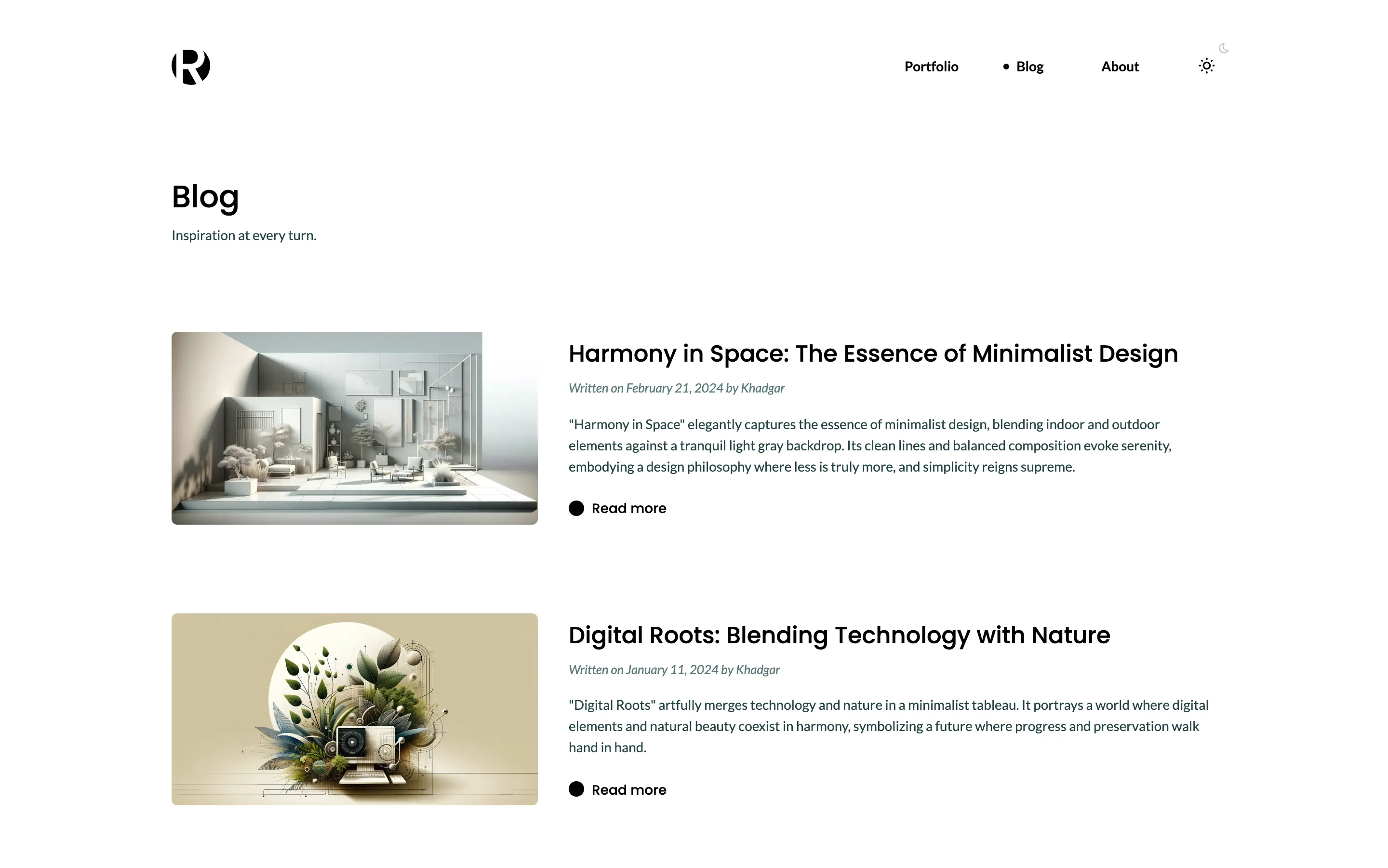 The blog page listing the newest posts, each with its image, date, author, summary and a Read more button