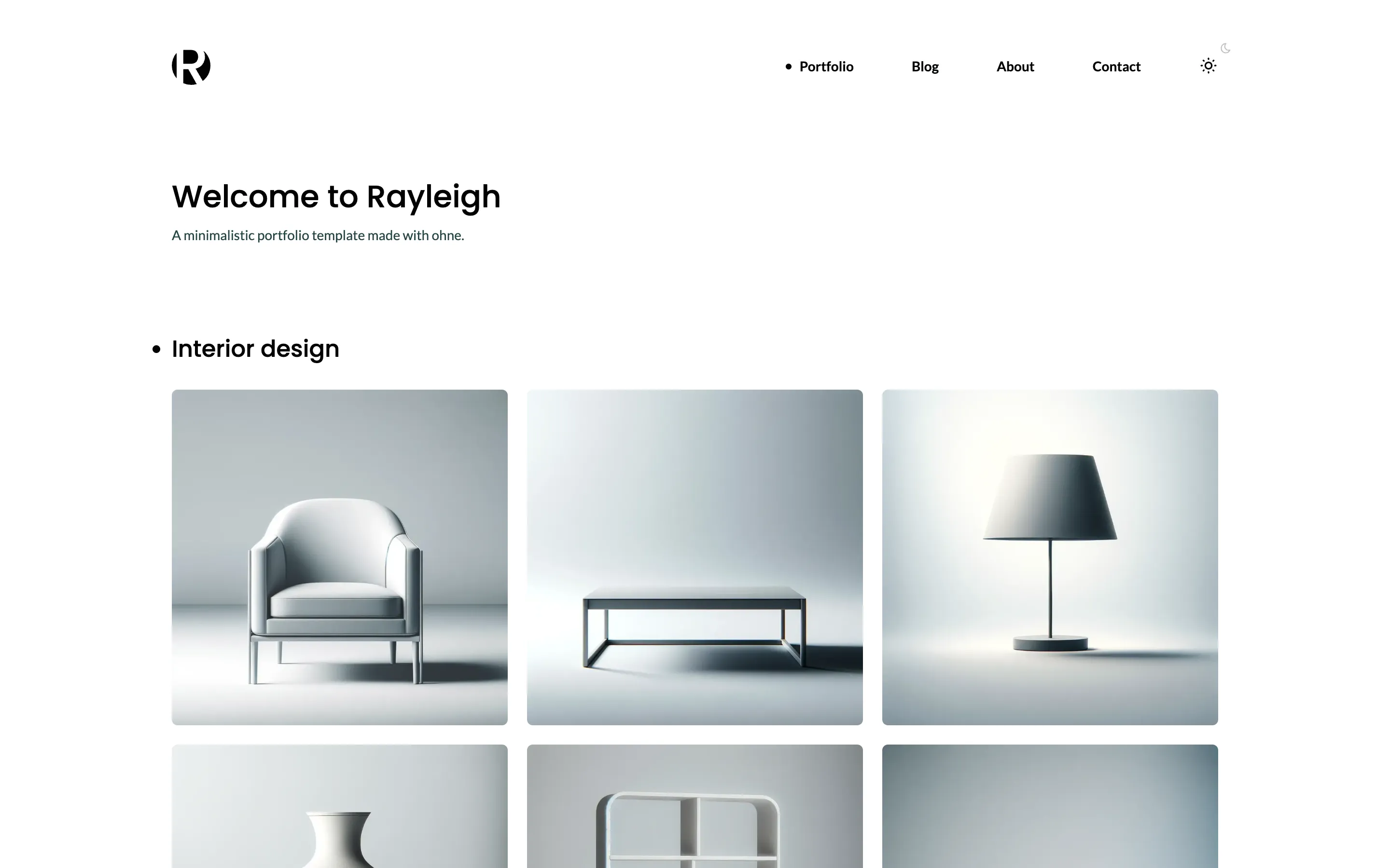The finished Rayleigh home page: the logo, a menu of Portfolio, Blog, About and Contact, and an interior design gallery